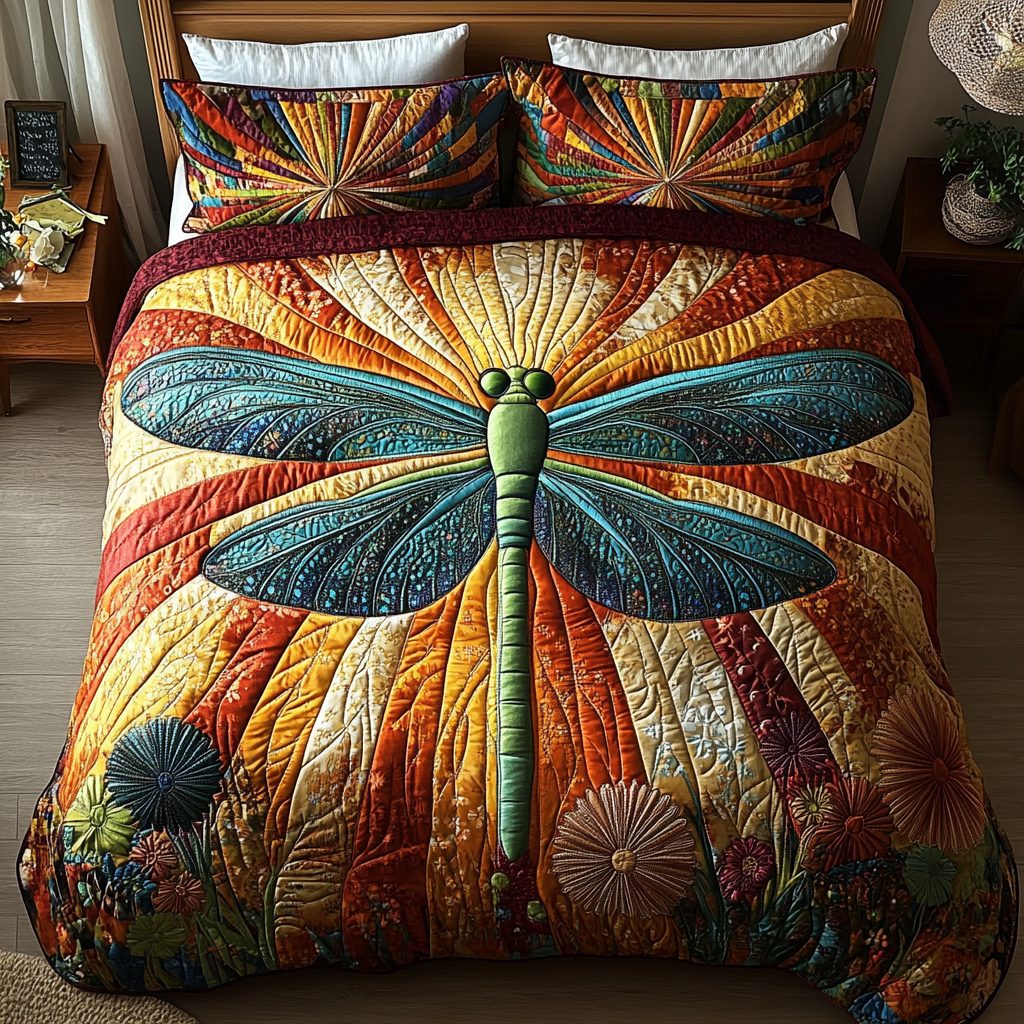 Dragonfly Fantasy quilted 3-piece bedding set on a made bed with two matching pillow shams