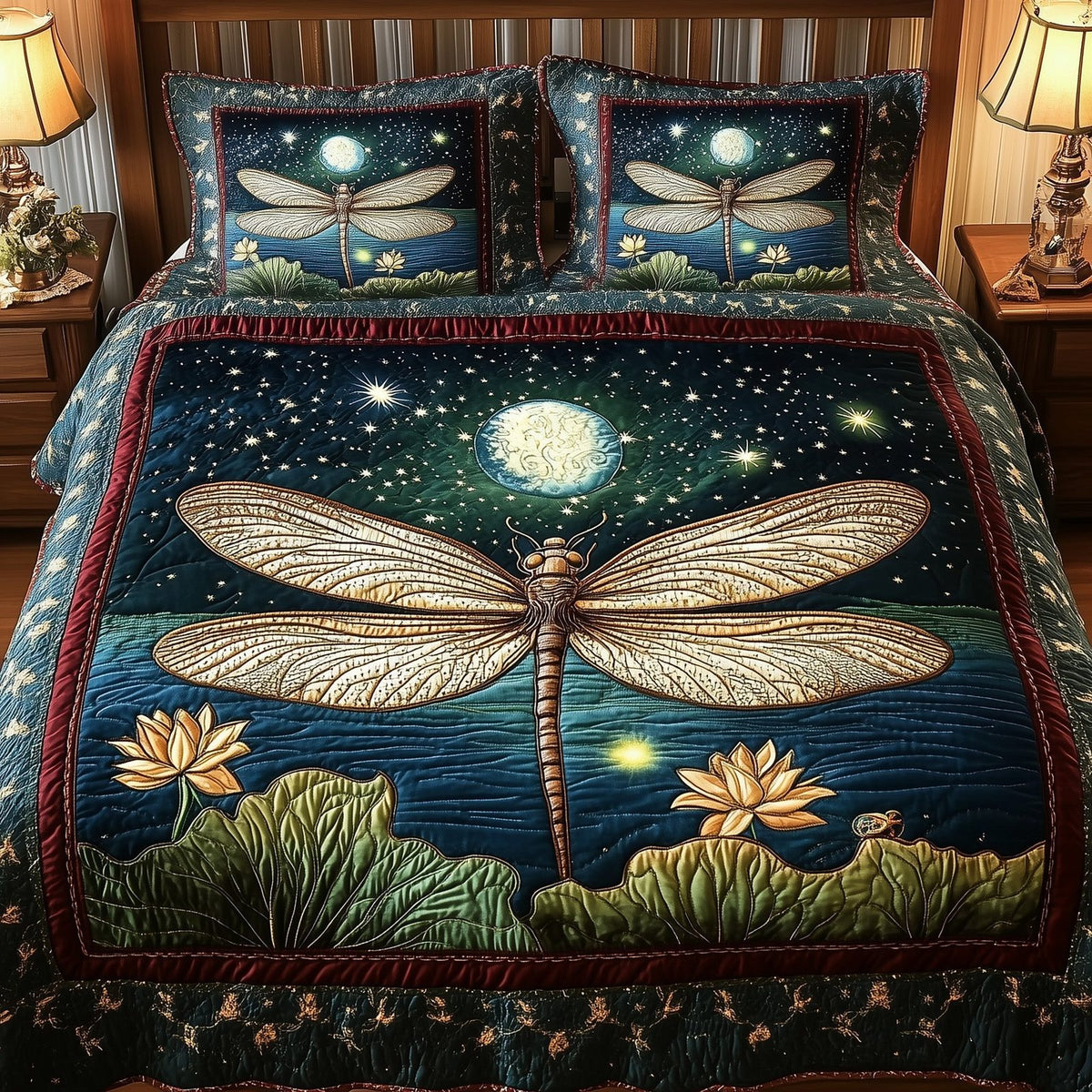 Dragonfly Glow quilted 3-piece bedding set on a made bed with two matching pillow shams