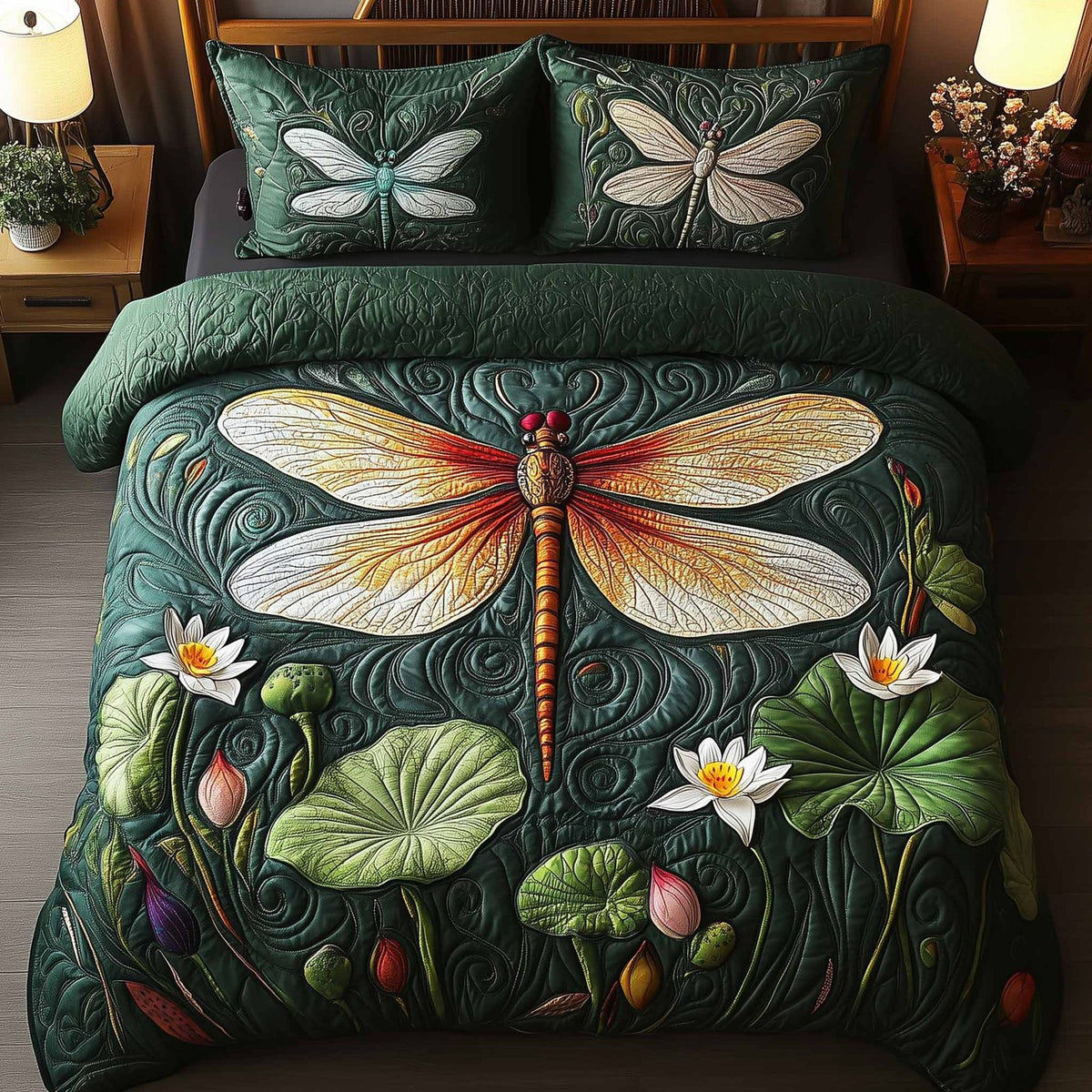 Dragonfly Glow quilted 3-piece bedding set on a made bed with two matching pillow shams
