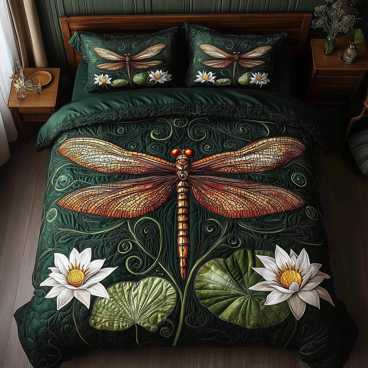 Dragonfly Glow quilted 3-piece bedding set on a made bed with two matching pillow shams