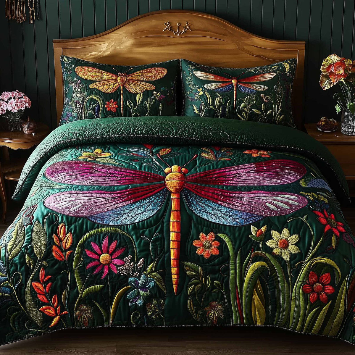 Dragonfly Glow quilted 3-piece bedding set on a made bed with two matching pillow shams