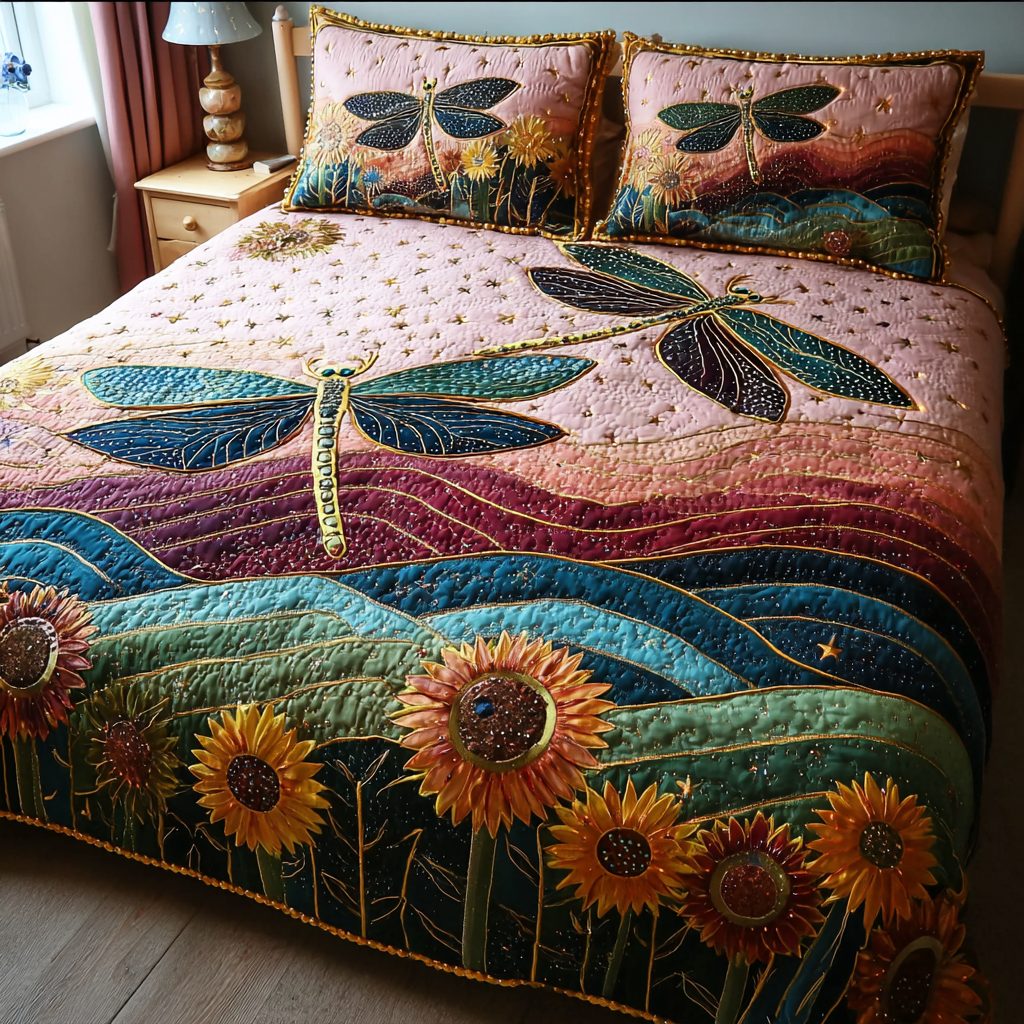 Dragonfly Glow quilted 3-piece bedding set on a made bed with two matching pillow shams