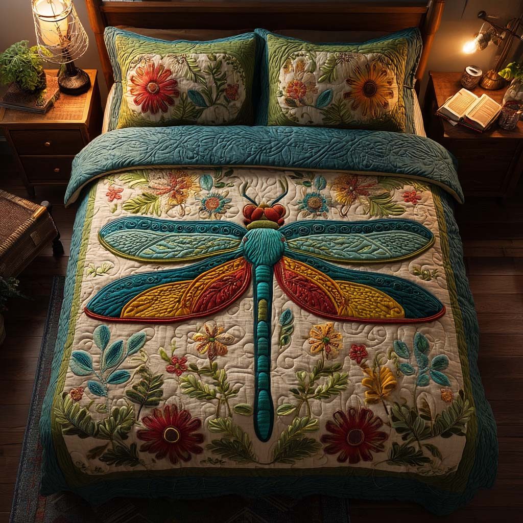 Dragonfly Haven quilted 3-piece bedding set on a made bed with two matching pillow shams