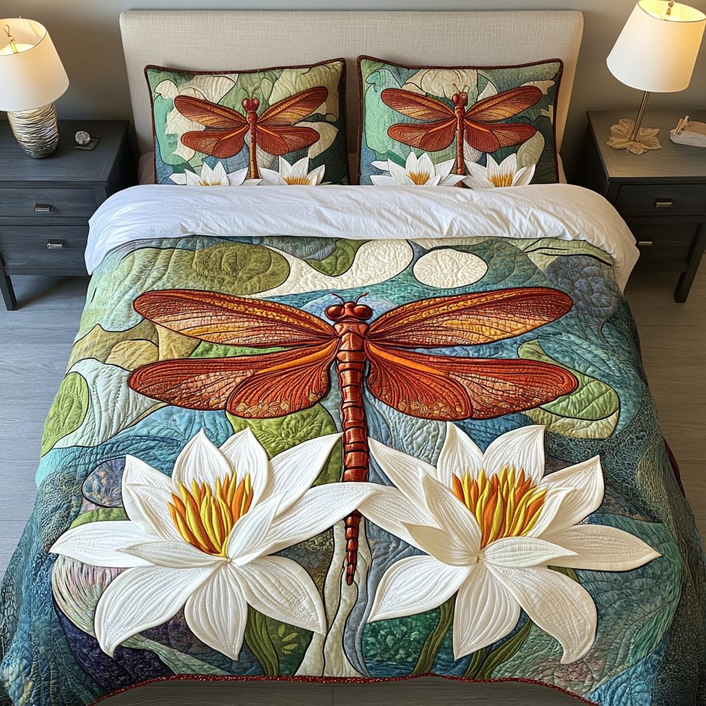 Dragonfly Haven quilted 3-piece bedding set on a made bed with two matching pillow shams