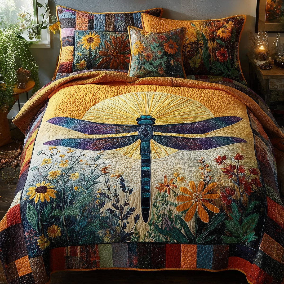 Dragonfly Heaven quilted 3-piece bedding set on a made bed in a softly lit bedroom