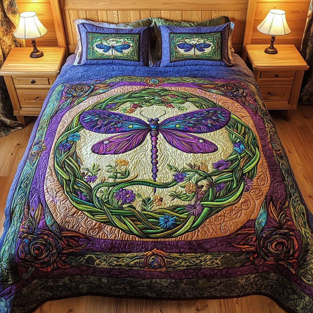 Dragonfly Knotwork quilted 3-piece bedding set on a made bed with two matching pillow shams