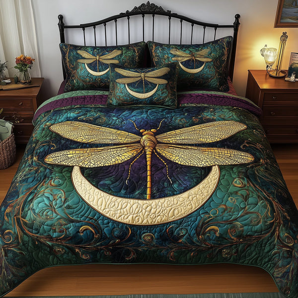 Dragonfly Mandala quilted 3-piece bedding set on a made bed with two matching pillow shams