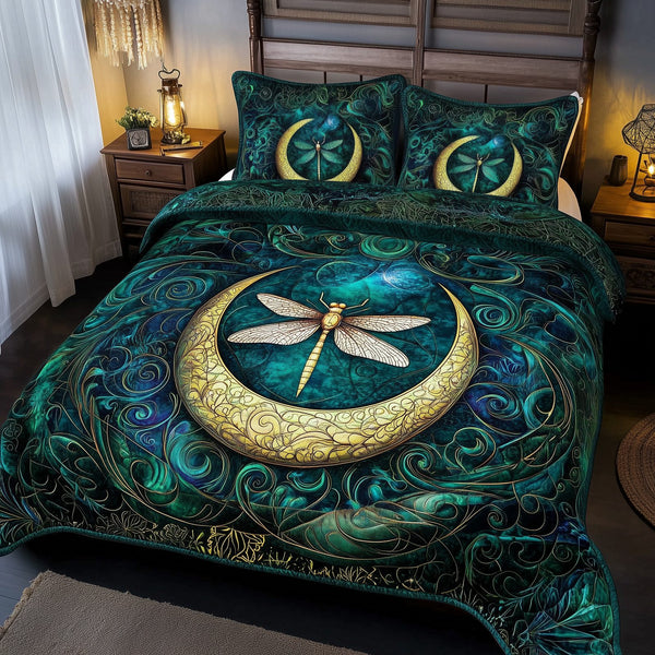 Dragonfly Mandala quilted 3-piece bedding set on a made bed with two matching pillow shams