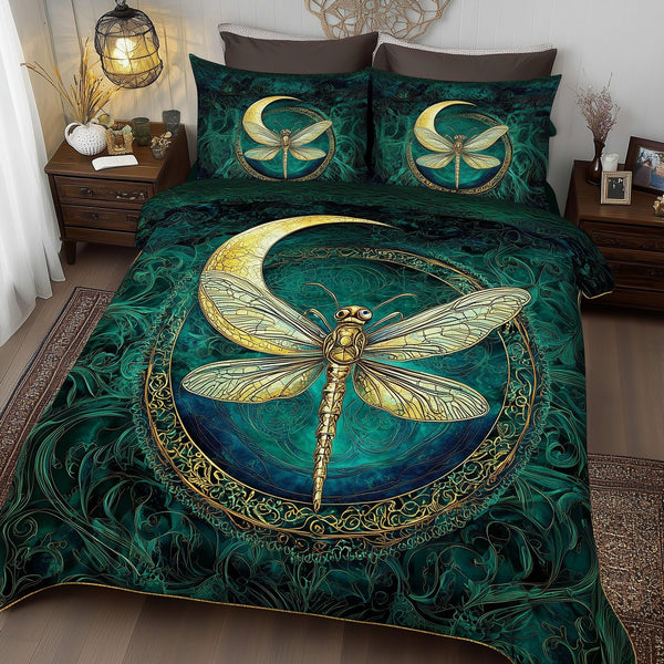 Dragonfly Mandala quilted 3-piece bedding set on a made bed with two matching pillow shams