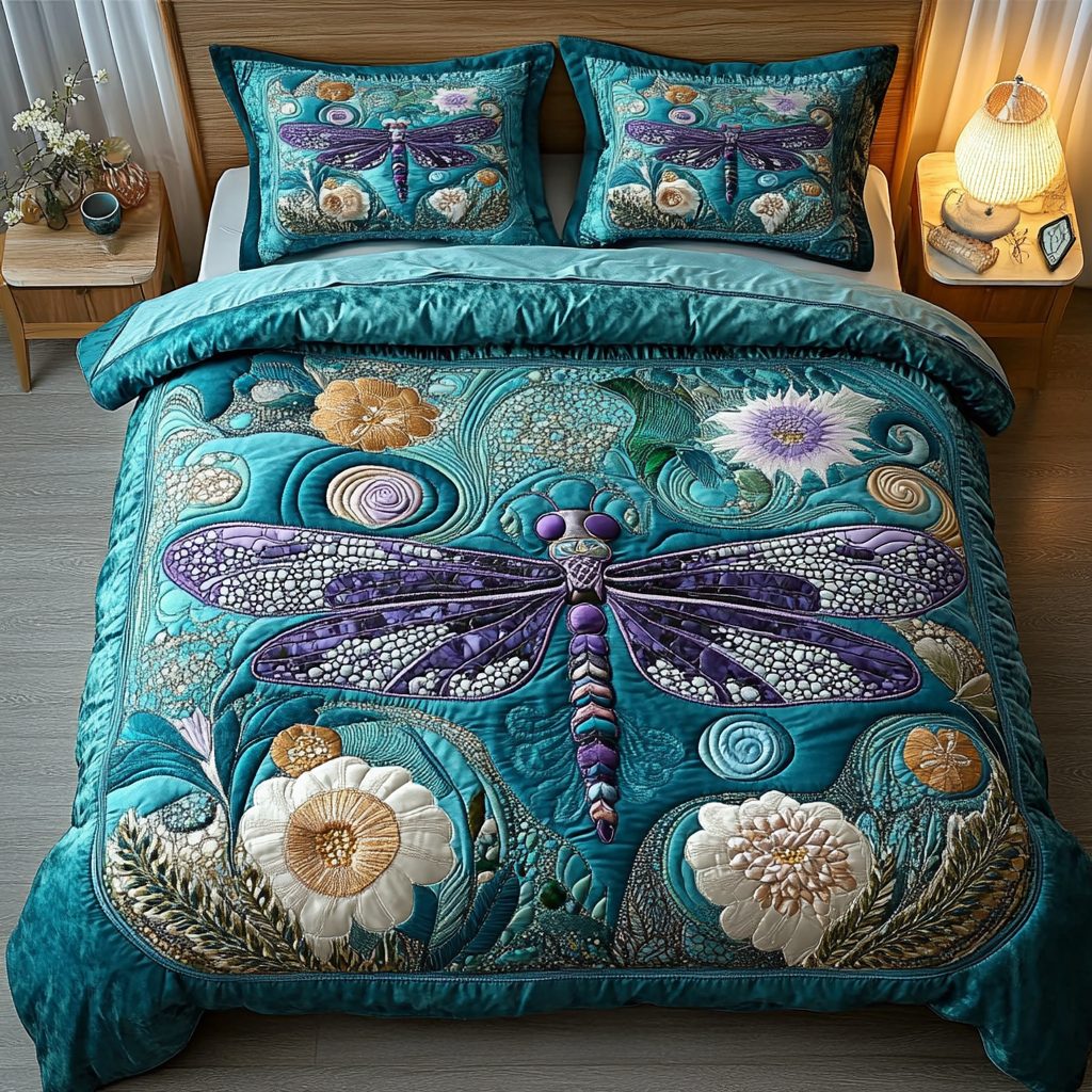 Dragonfly Spirit quilted 3-piece bedding set on a made bed with two matching pillow shams