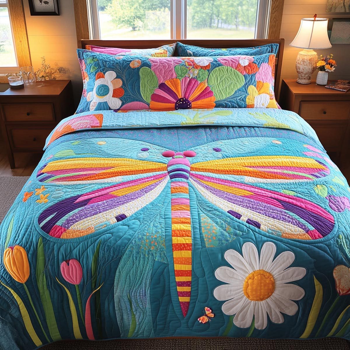 Dragonfly Whisper quilted 3-piece bedding set on a made bed with two matching pillow shams