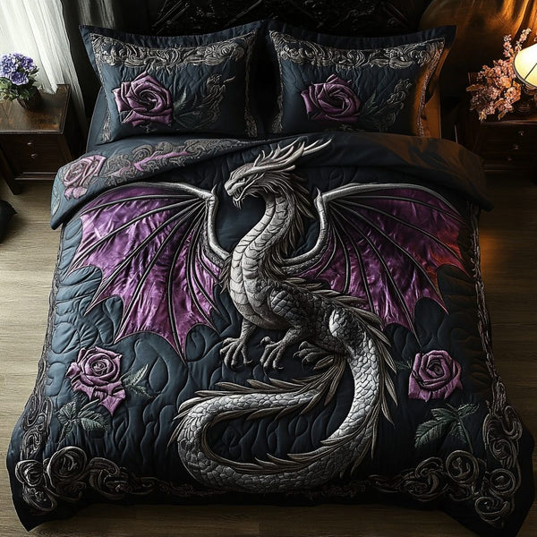 Dragonheart quilted 3-piece bedding set on a made bed with two matching pillow shams