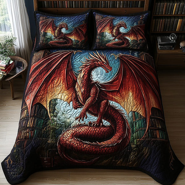 Dragonheart quilted 3-piece bedding set on a made bed with two matching pillow shams