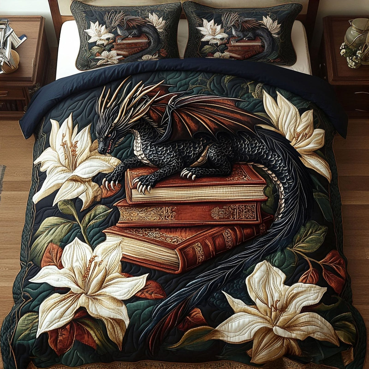 Dragons Treasure Trove quilted 3-piece bedding set on a made bed with two matching pillow shams