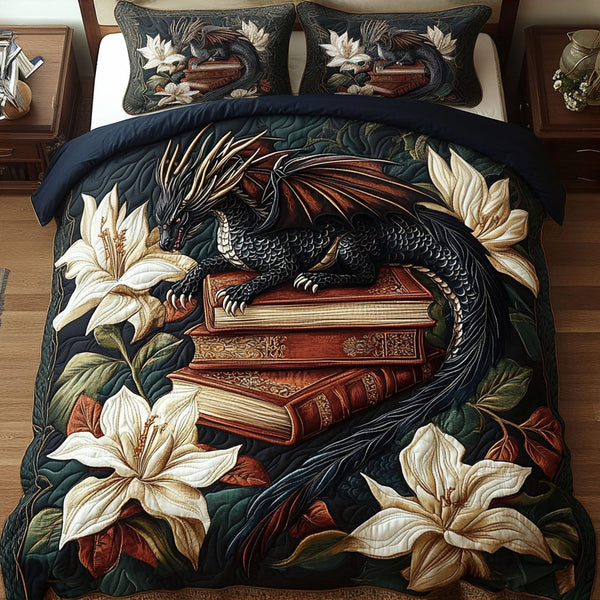 Dragons Treasure Trove quilted 3-piece bedding set on a made bed with two matching pillow shams