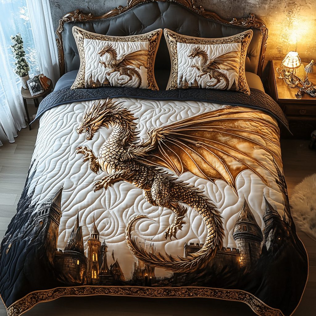 Dragonspire Dreams quilted 3-piece bedding set on a made bed with two matching pillow shams
