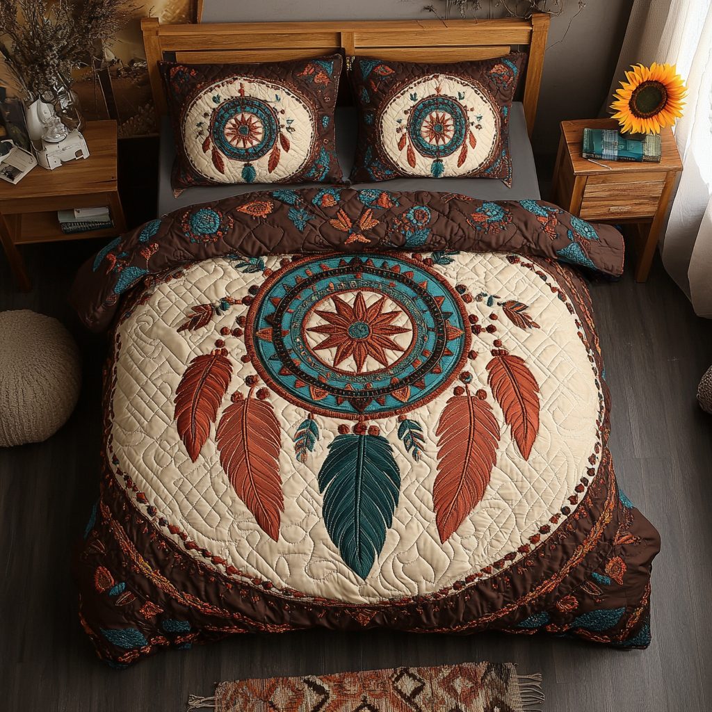Dream Catcher quilted 3-piece bedding set on a made bed with two matching pillow shams
