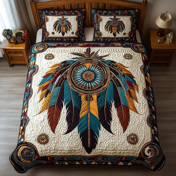 Dream Chaser quilted 3-piece bedding set on a made bed with two matching pillow shams