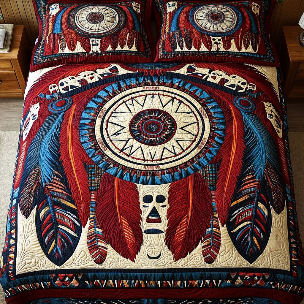 Dream Circle quilted 3-piece bedding set on a made bed with two matching pillow shams