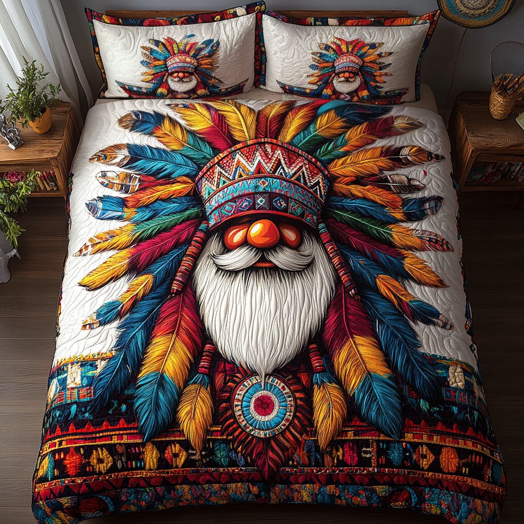 Dream Gnome Keeper quilted 3-piece bedding set on a made bed in a winter-styled bedroom