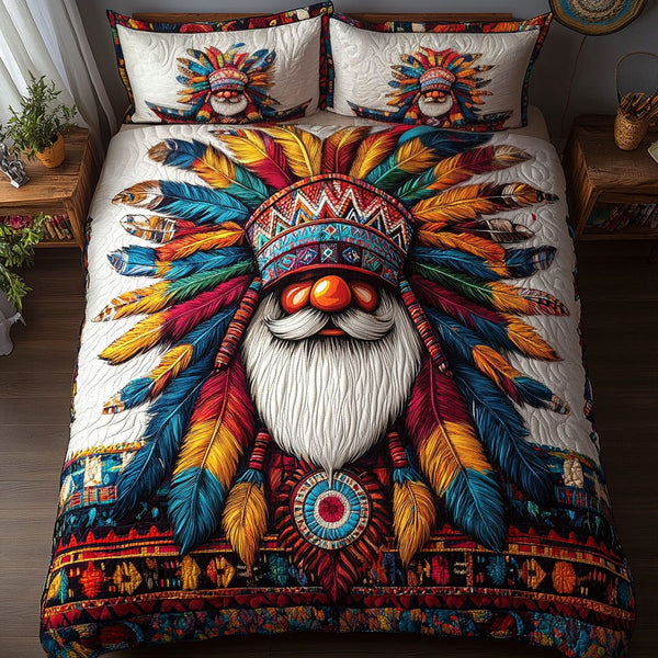 Dream Gnome Keeper quilted 3-piece bedding set on a made bed in a winter-styled bedroom