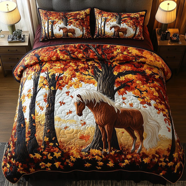 Dream Horse quilted 3-piece bedding set on a made bed in a rustic timber bedroom