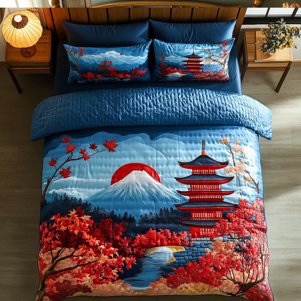 Dream of Kyoto quilted 3-piece bedding set on a made bed with two matching pillow shams