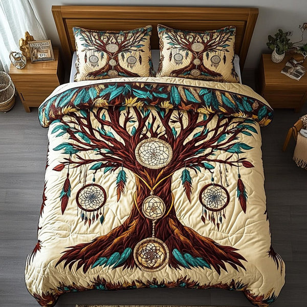 Dream Tree quilted 3-piece bedding set on a made bed with two matching pillow shams