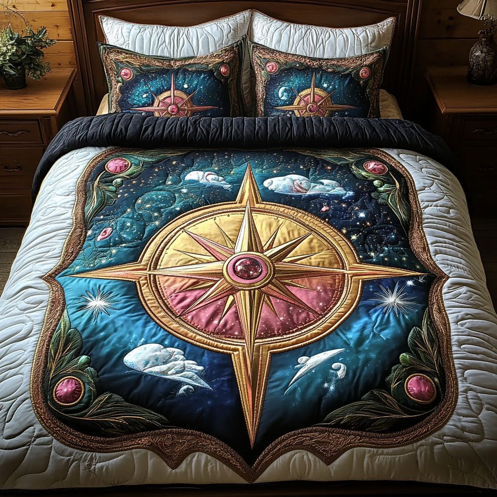 Dream Voyager quilted 3-piece bedding set on a made bed with two matching pillow shams