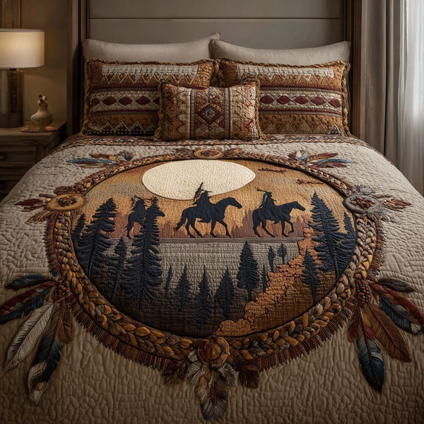Dreamcatcher Circle quilted 3-piece bedding set on a made bed with two matching pillow shams
