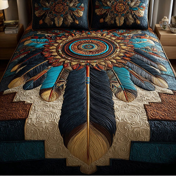 Dreamcatcher Echo quilted 3-piece bedding set on a made bed with two matching pillow shams