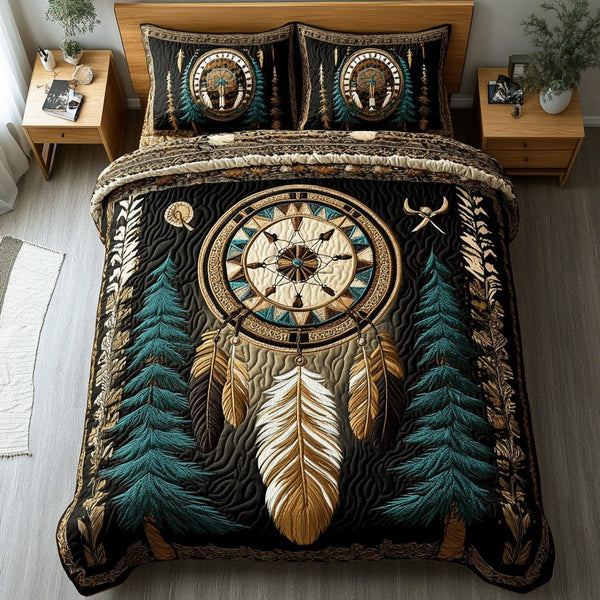 Dreamcatcher Essence quilted 3-piece bedding set on a made bed with two matching pillow shams