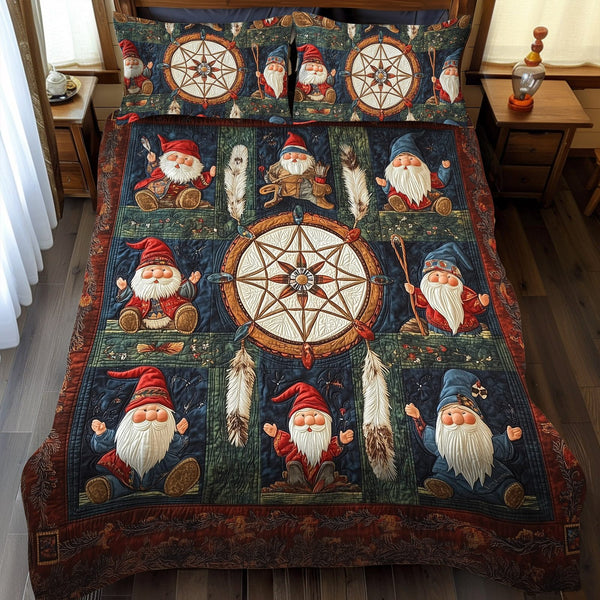 Dreamcatcher Gnome quilted 3-piece bedding set on a made bed in a winter-styled bedroom