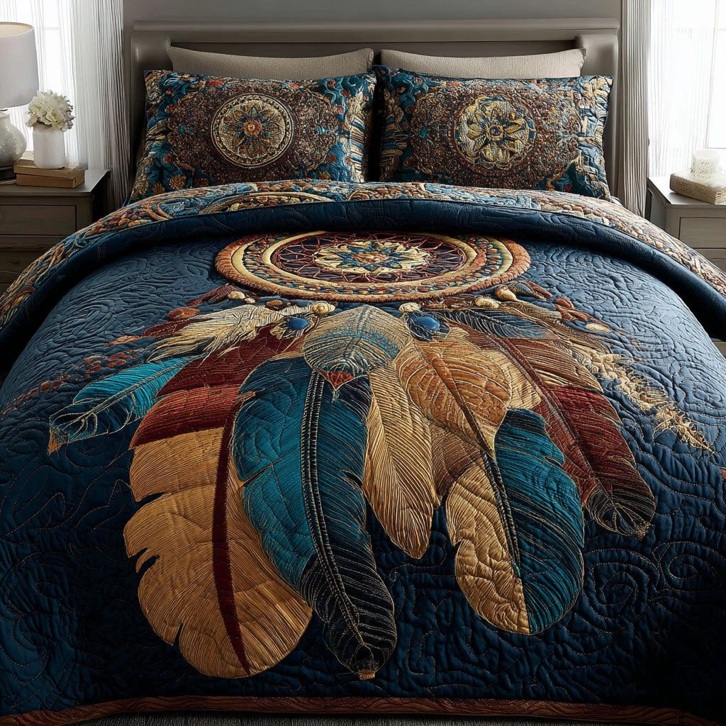 Dreamcatcher Grace quilted 3-piece bedding set on a made bed with two matching pillow shams