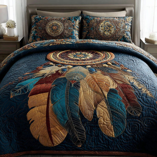 Dreamcatcher Grace quilted 3-piece bedding set on a made bed with two matching pillow shams