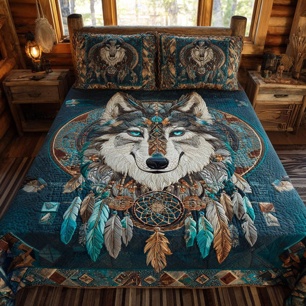 Dreamcatcher Guardian quilted 3-piece bedding set on a made bed with two matching pillow shams