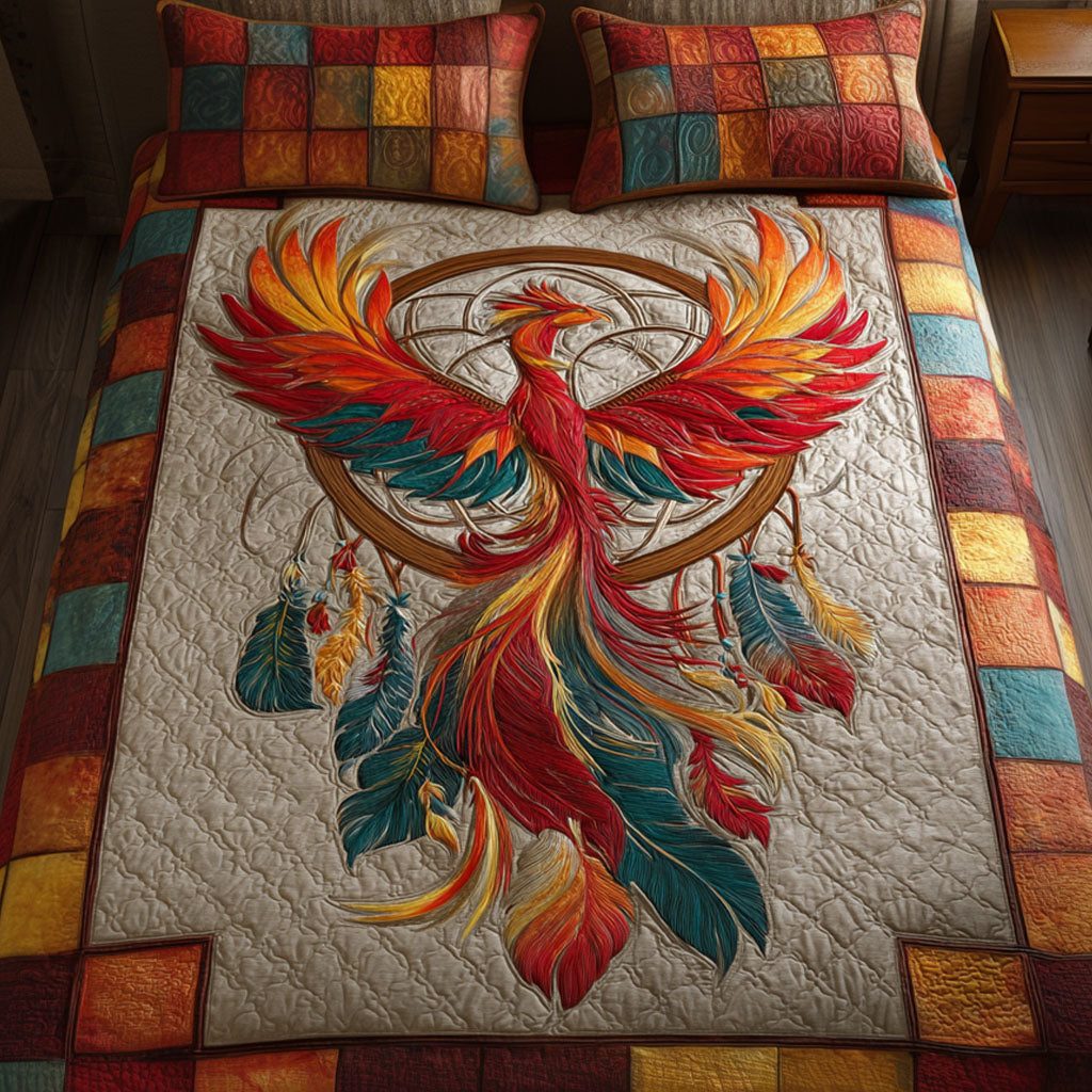 Dreamcatcher Harmony quilted 3-piece bedding set on a made bed with two matching pillow shams