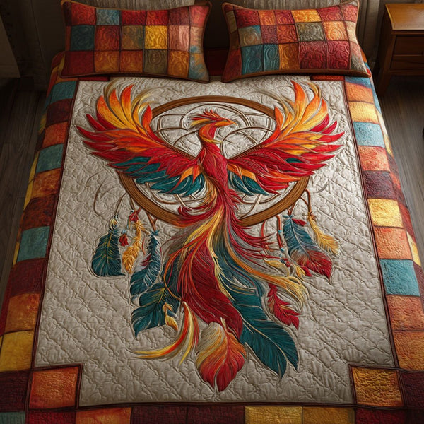 Dreamcatcher Harmony quilted 3-piece bedding set on a made bed with two matching pillow shams