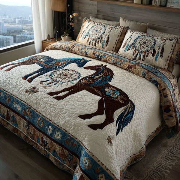 Dreamcatcher Horse quilted 3-piece bedding set on a made bed in a rustic timber bedroom