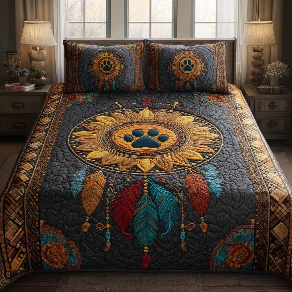 Dreamcatcher Light quilted 3-piece bedding set on a made bed with two matching pillow shams