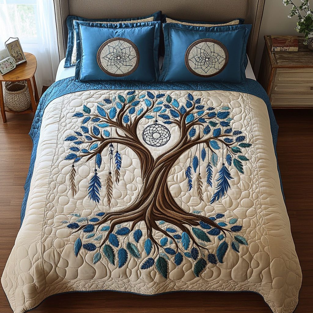 Dreamcatcher Moon quilted 3-piece bedding set on a made bed with two matching pillow shams