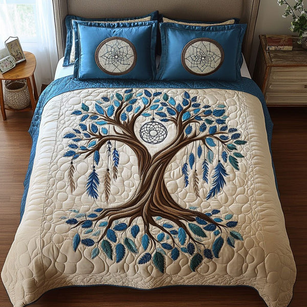 Dreamcatcher Moon quilted 3-piece bedding set on a made bed with two matching pillow shams