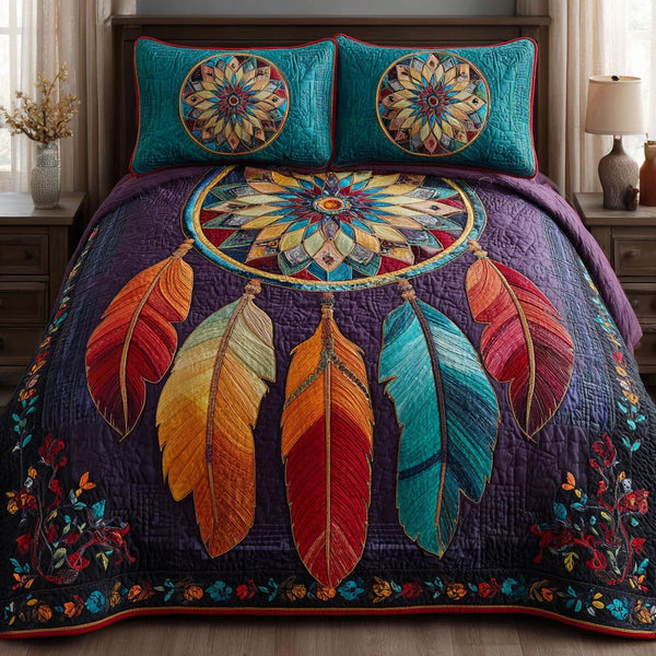 Dreamcatcher Path quilted 3-piece bedding set on a made bed with two matching pillow shams