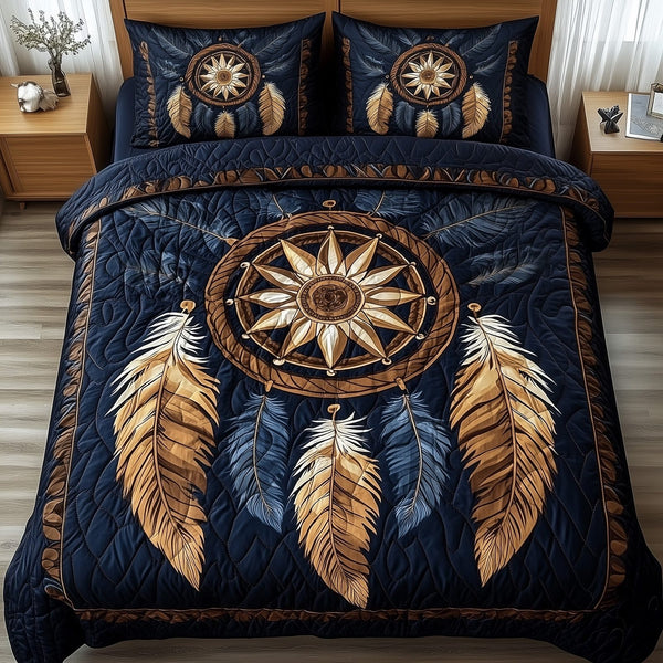 Dreamcatcher quilted 3-piece bedding set on a made bed with two matching pillow shams