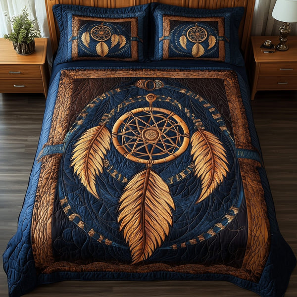 Dreamcatcher quilted 3-piece bedding set on a made bed with two matching pillow shams
