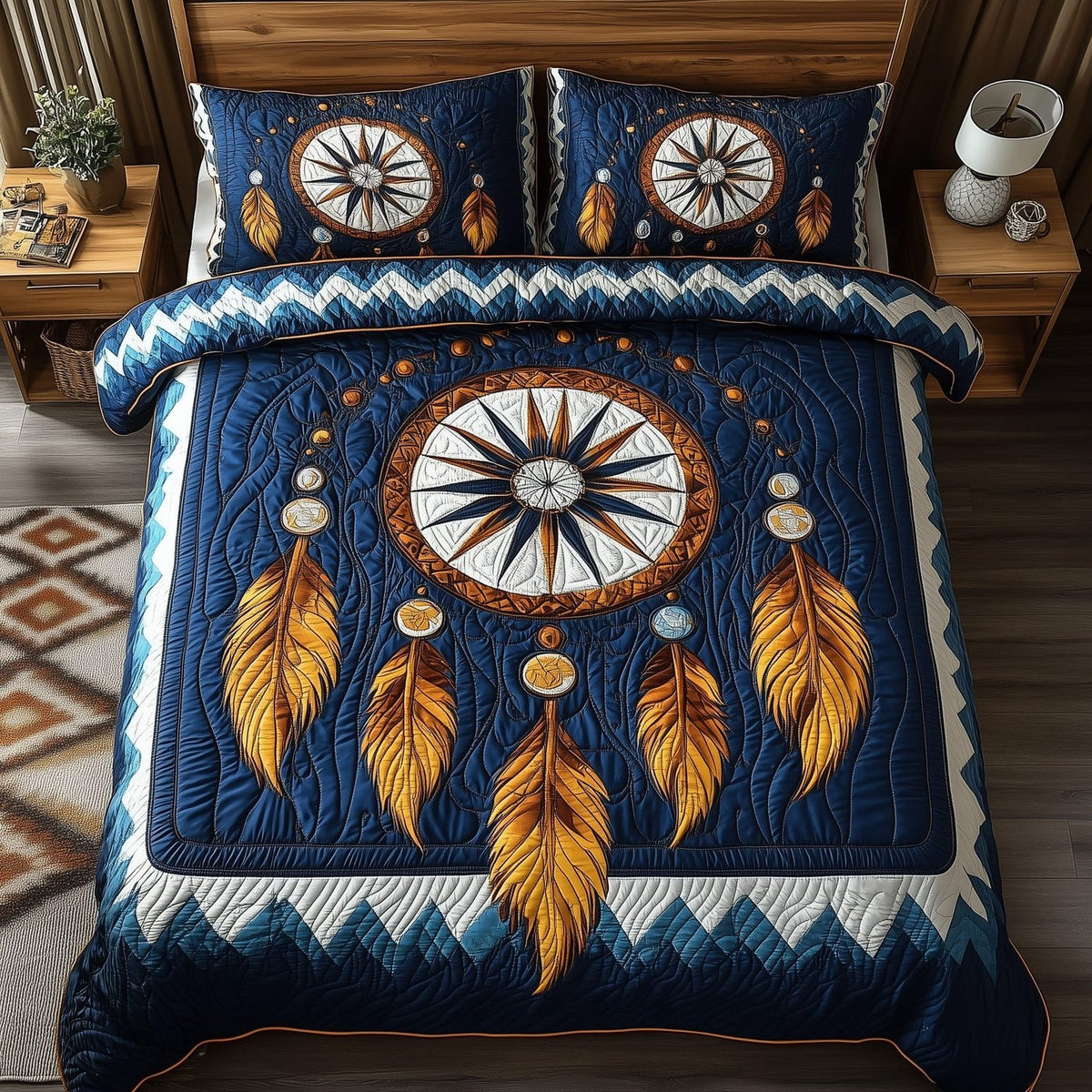 Dreamcatcher quilted 3-piece bedding set on a made bed with two matching pillow shams