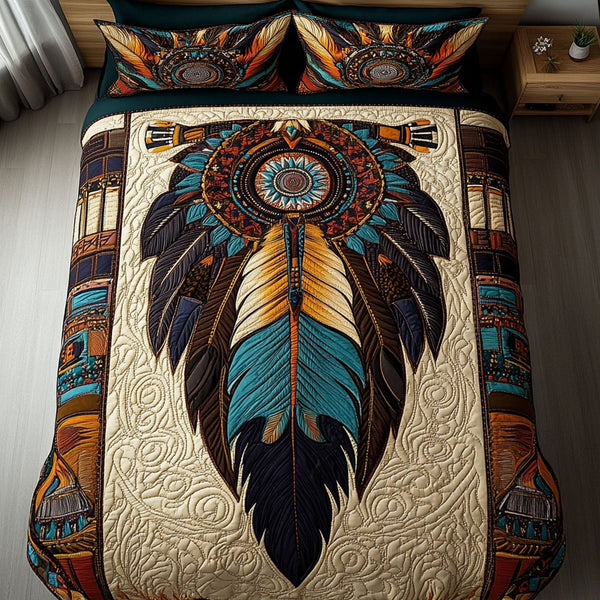 Dreamcatcher quilted 3-piece bedding set on a made bed with two matching pillow shams