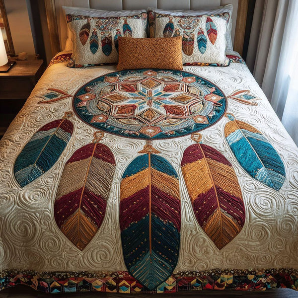 Dreamcatcher Spirit quilted 3-piece bedding set on a made bed with two matching pillow shams