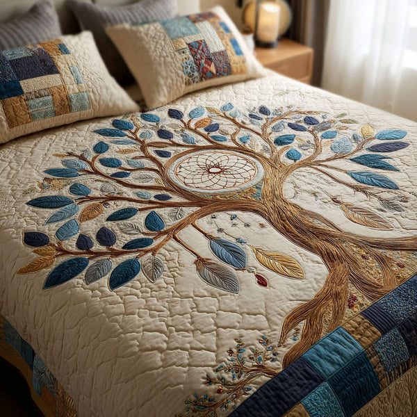 Dreamcatcher Spirit quilted 3-piece bedding set on a made bed with two matching pillow shams