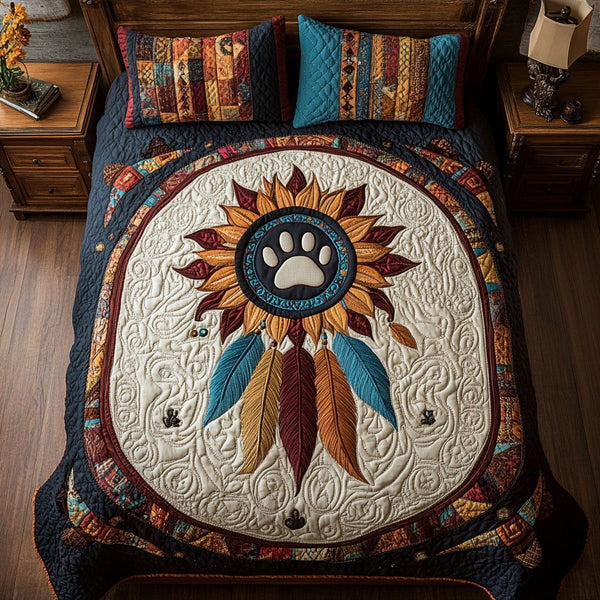 Dreamcatcher Unity quilted 3-piece bedding set on a made bed with two matching pillow shams